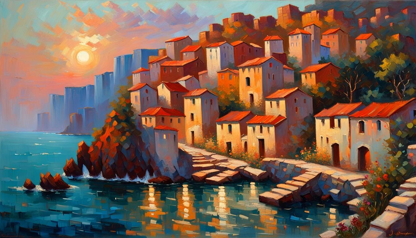 Impressionist Village on Sea Cliff at Sunset