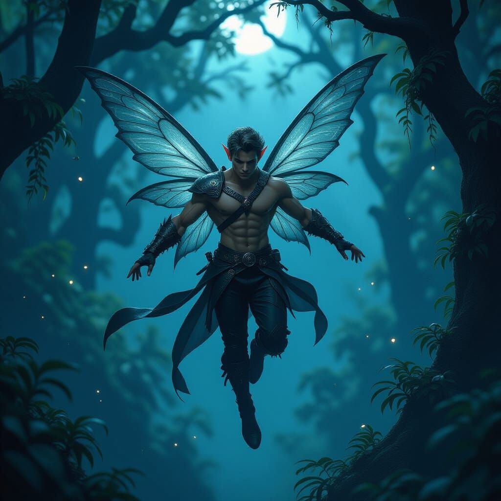 Muscular Fairy in Leather Soars Through Twilight Forest