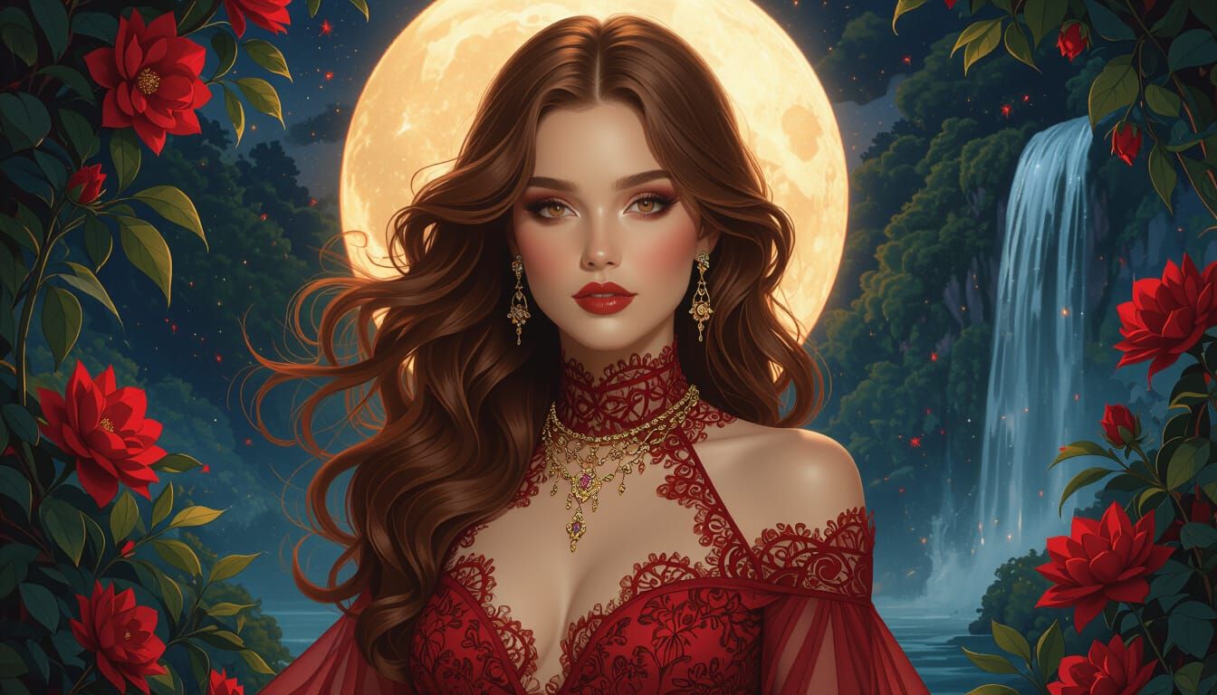 Ethereal Woman in Moonlit Garden, Art Nouveau Style