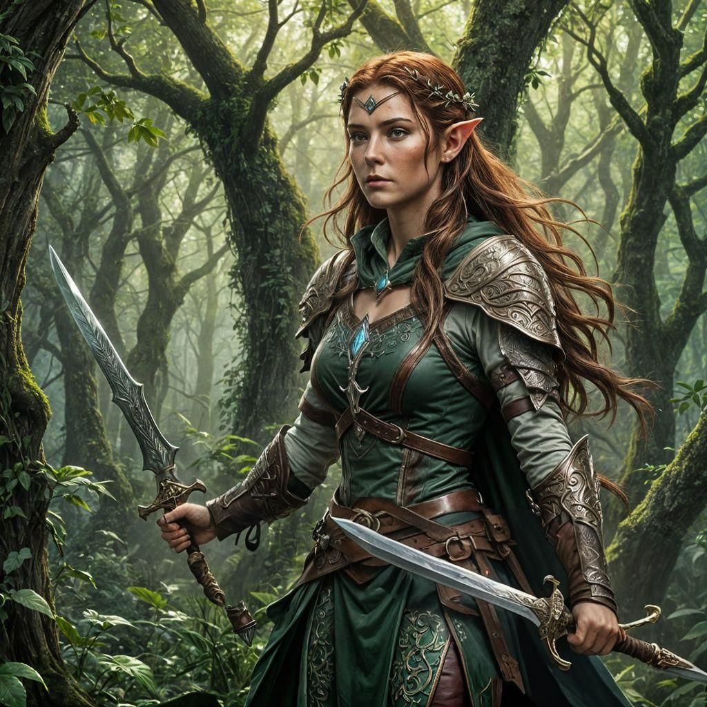 Elven Druid in Mystical Forest with Magical Creatures