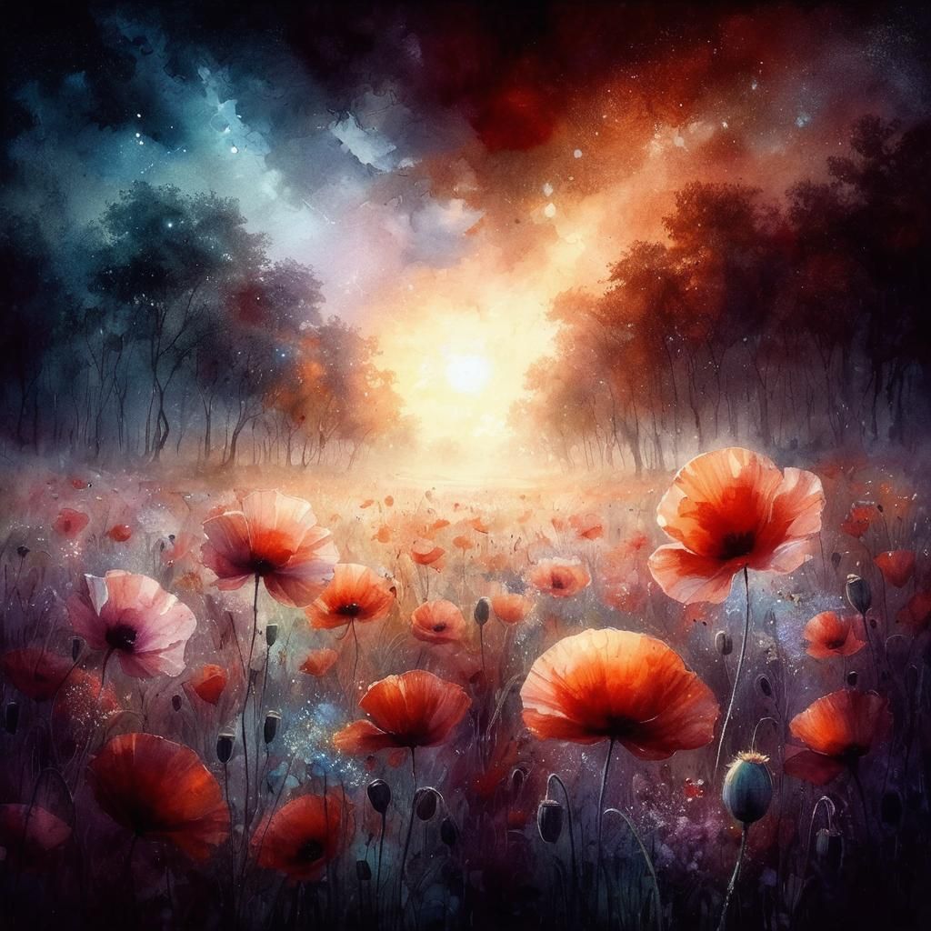 Poppy Field Painting with Magical Sky
