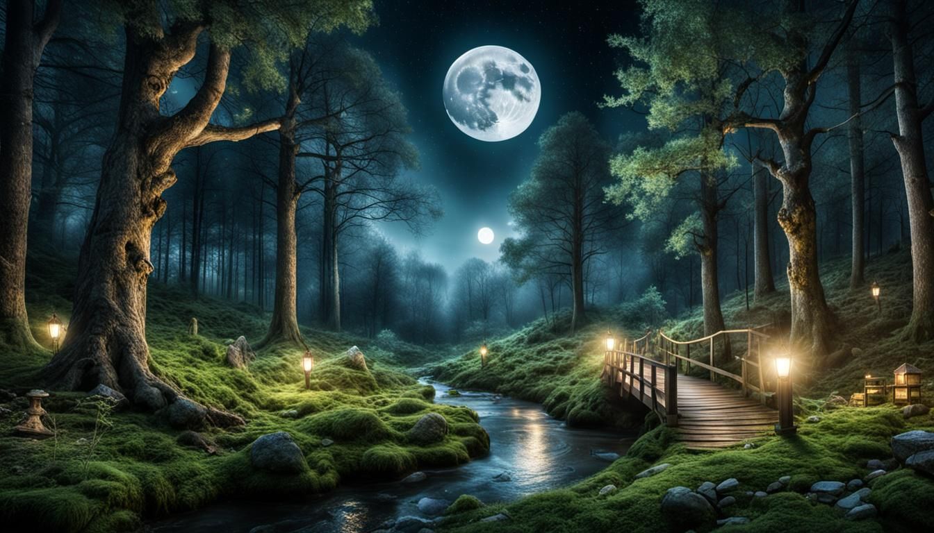 Enchanted Forest with Twinkling Lights at Night