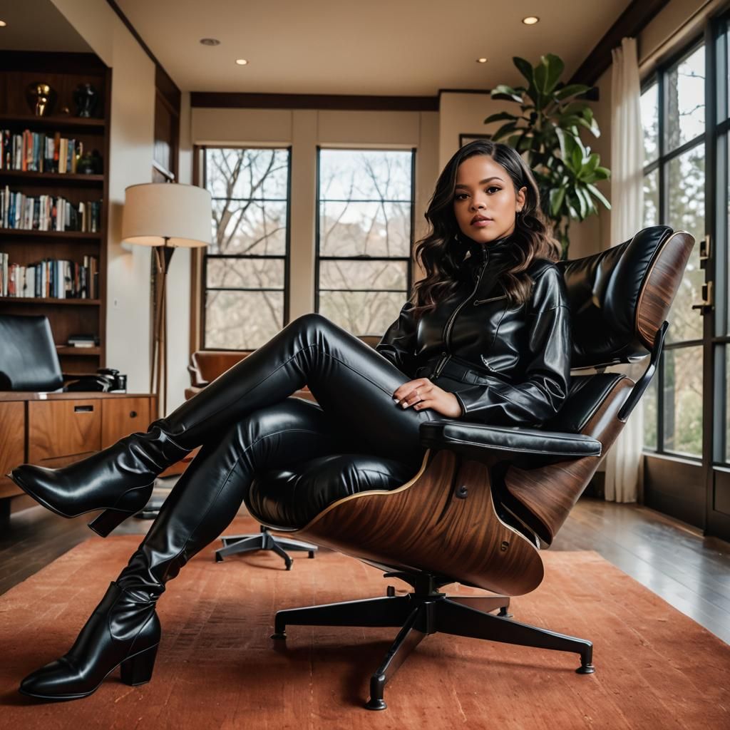 Jenna Ortega in Luxe Latex Attire, Eames Chair, and Frank Ll...