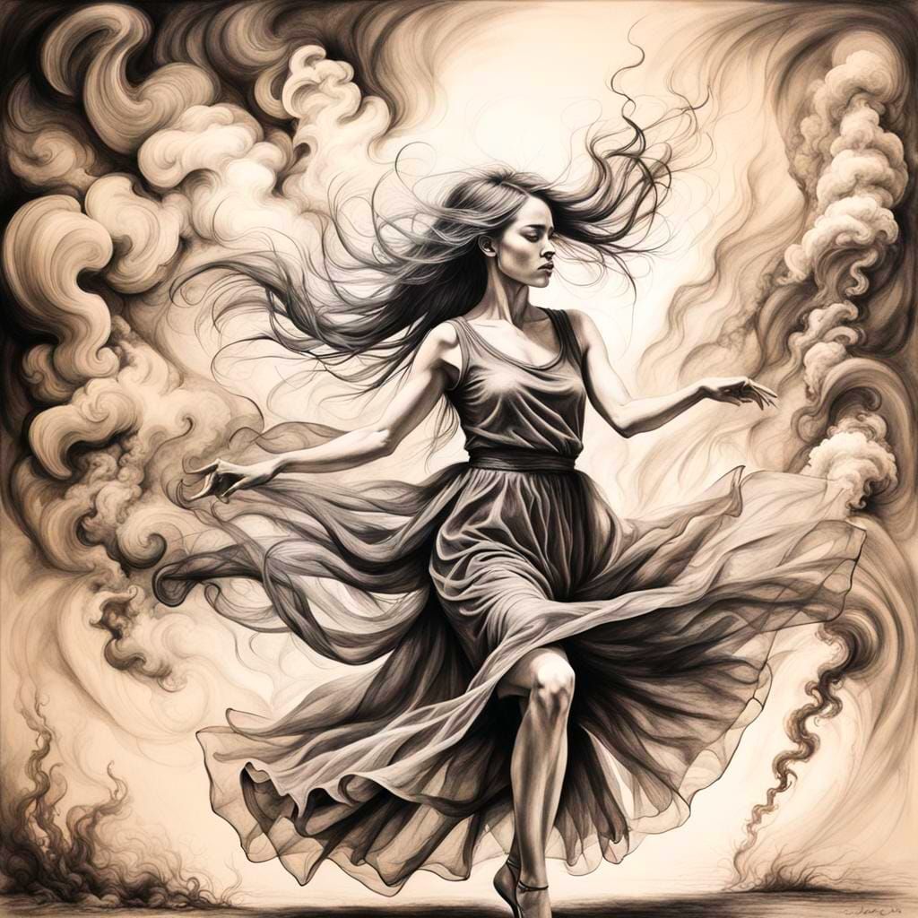 Surreal Smoke Dancer in Charcoal Drawing