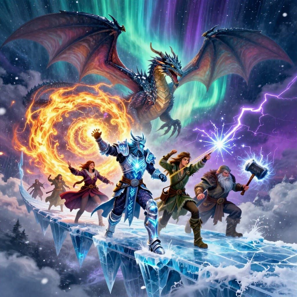 Epic Fantasy Heroes Battle Aurora Dragon on Ice Bridge