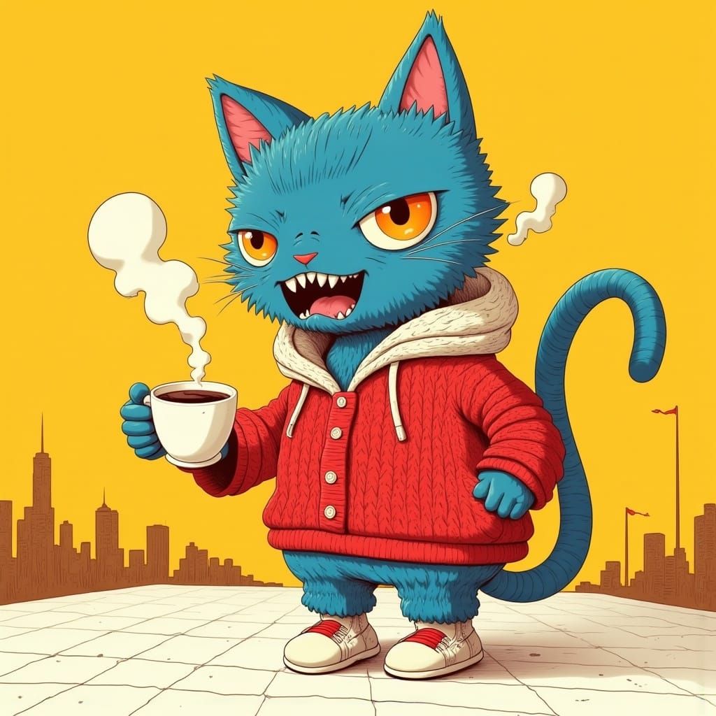 Whimsical Cat in Frustrated Coffee Mode