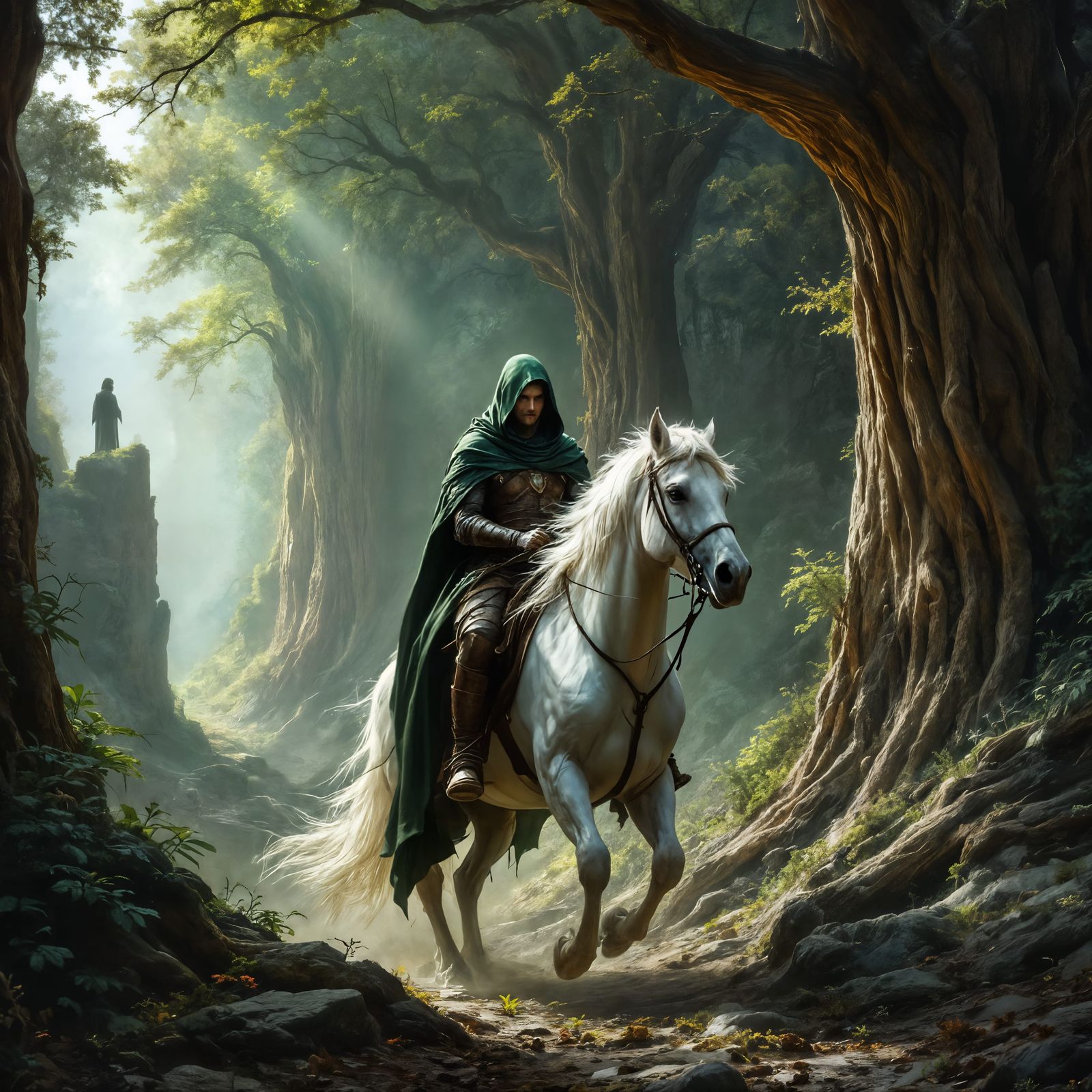 Mystical Ranger Rides Majestic Stallion Through Ancient Fore...