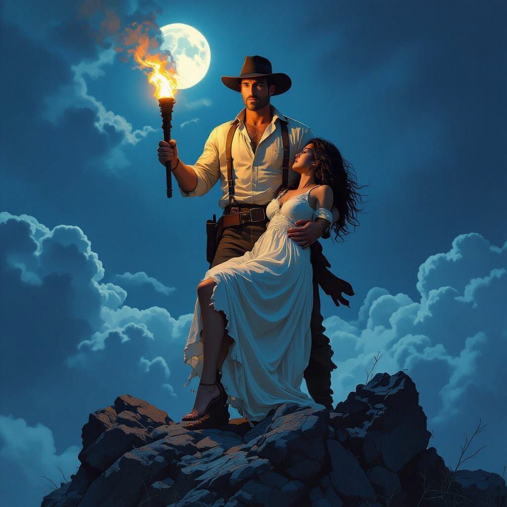 Explorer on Stormy Peak with Woman, Retro Sci-Fi Style