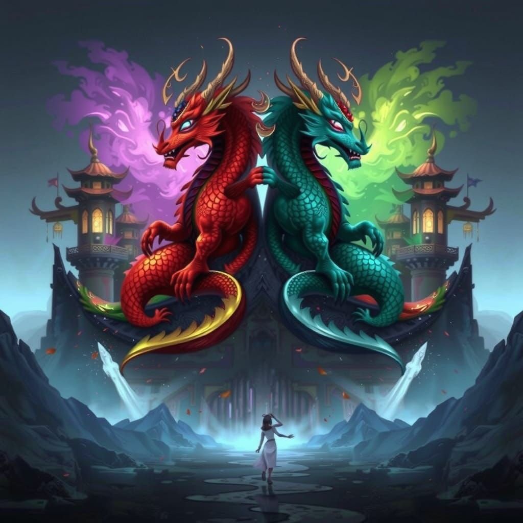 Two Shimmering Dragons in Love: Digital Art