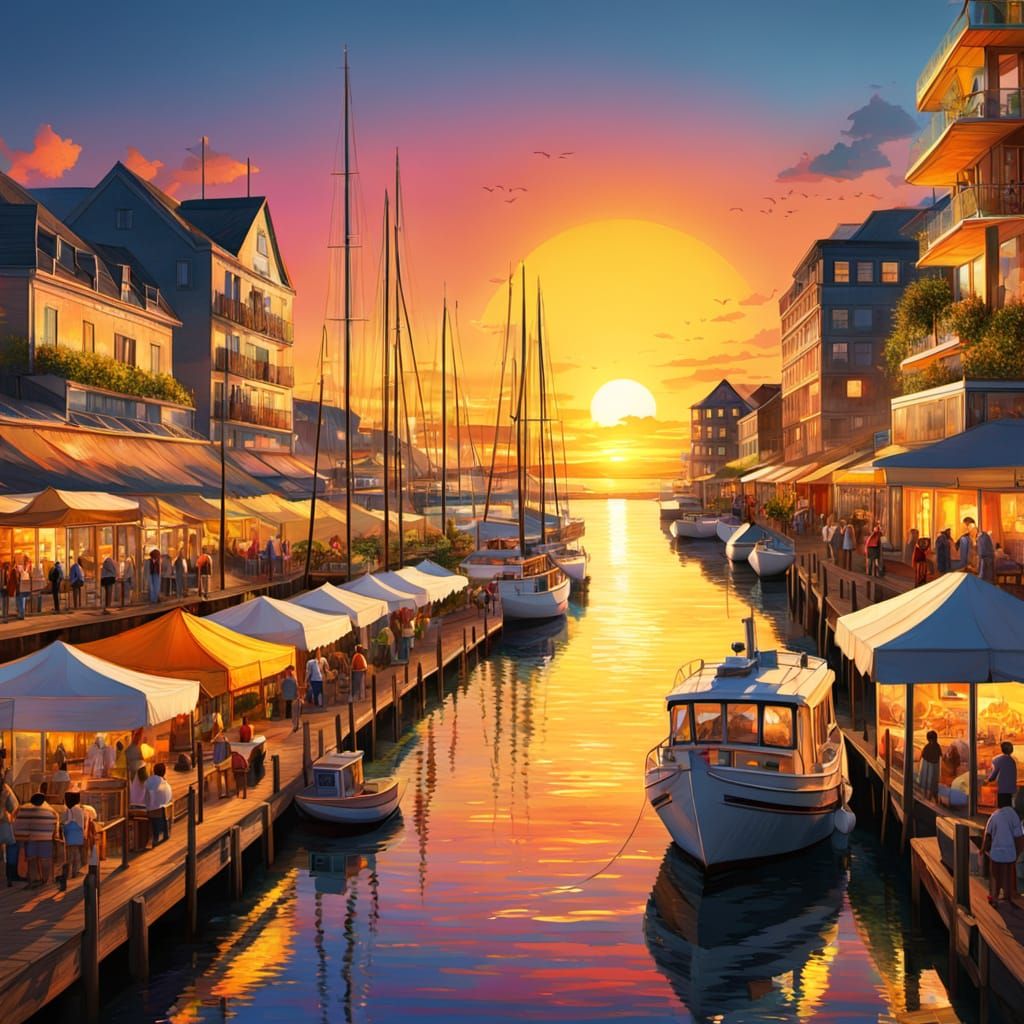 Sunset Marina Scene in Mixed Media Style