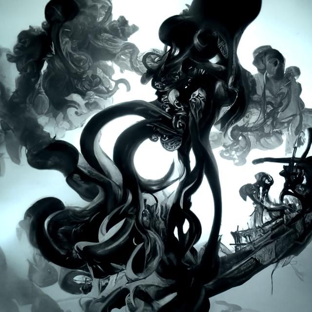 Kraken Attacks Pirate Ship: Lovecraftian Linework
