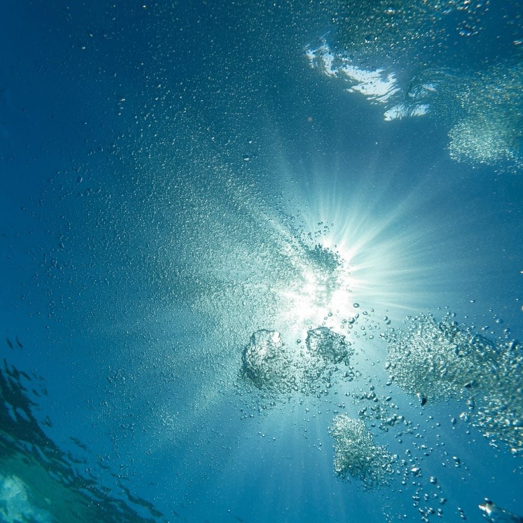 Sunlit Ocean Surface with Rising Bubbles