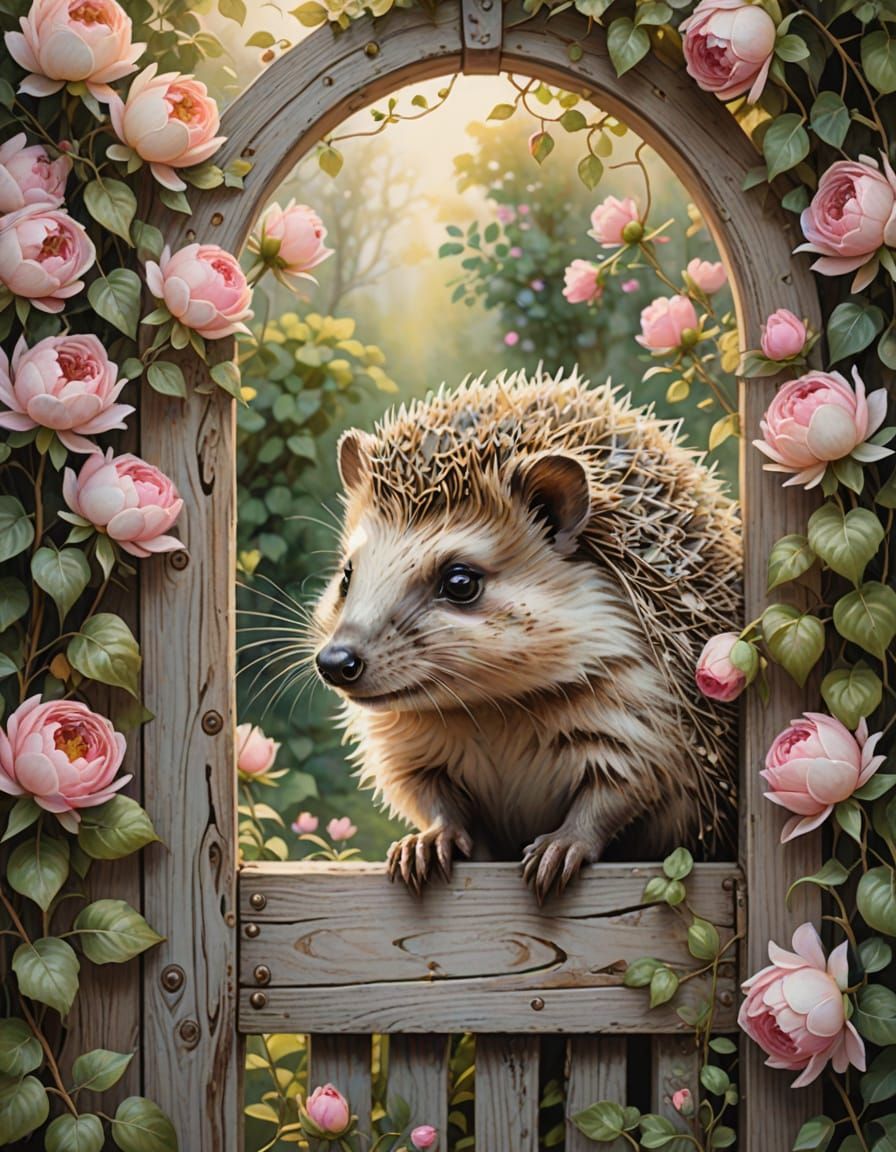 Hedgehog in Enchanted Garden: Watercolor and Oil Painting