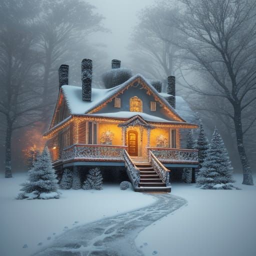 A fantastically detailed gingerbread house in a snowy winter...
