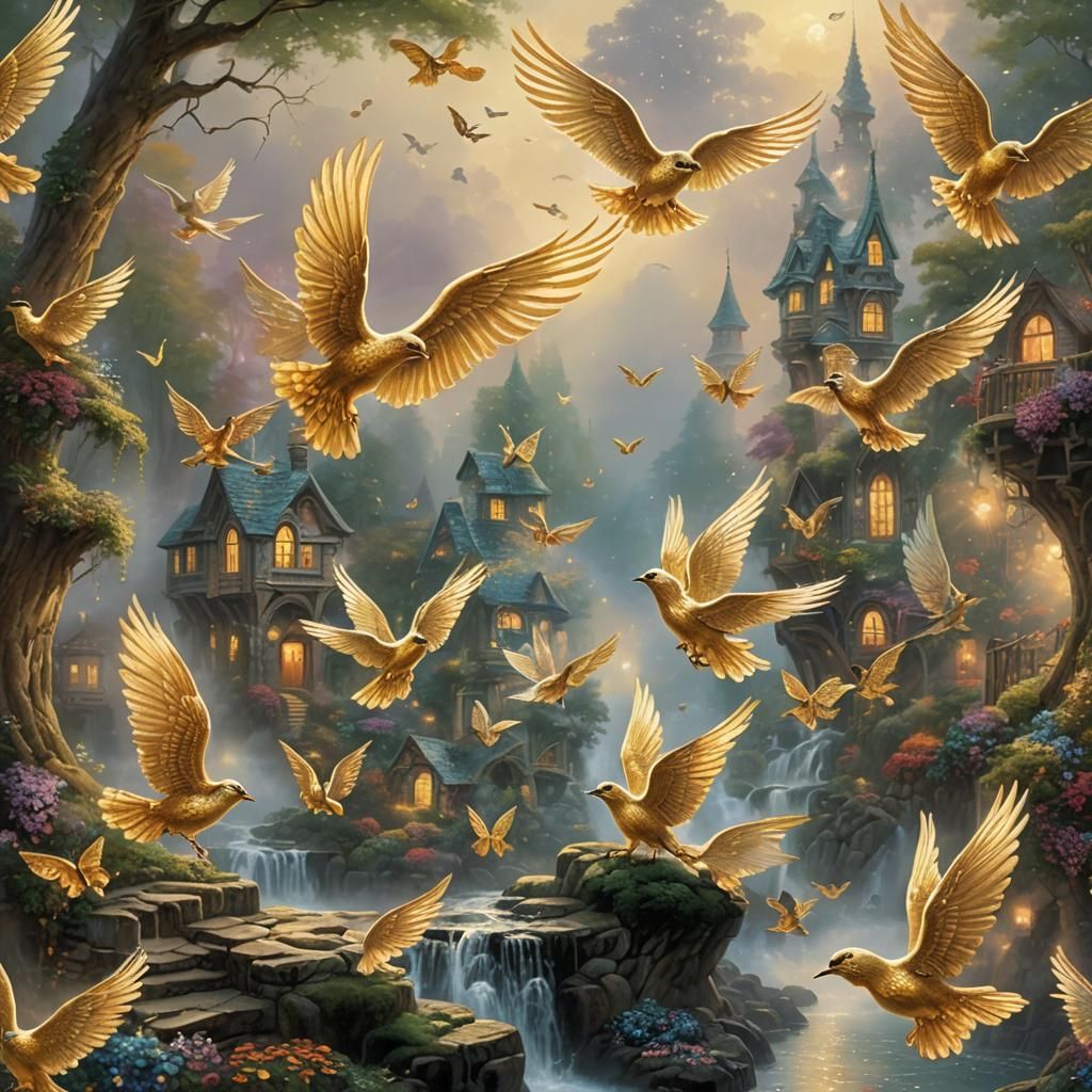 Winged Golden Shoes in Ethereal Fantasy Landscape