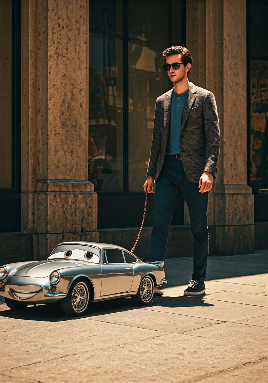 Urban Gentleman Strolls with Stylish Car Companionship