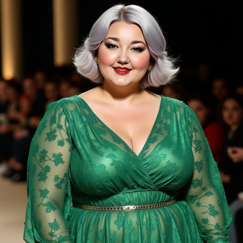 Plus Size Model Walks Runway in Emerald Green Dress