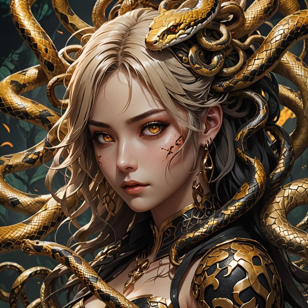 Anime Girl with Snakes in Gongbi Style