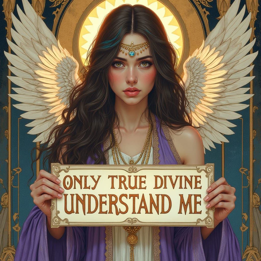 Mysterious Woman with Radiant Wings in Art Nouveau Style