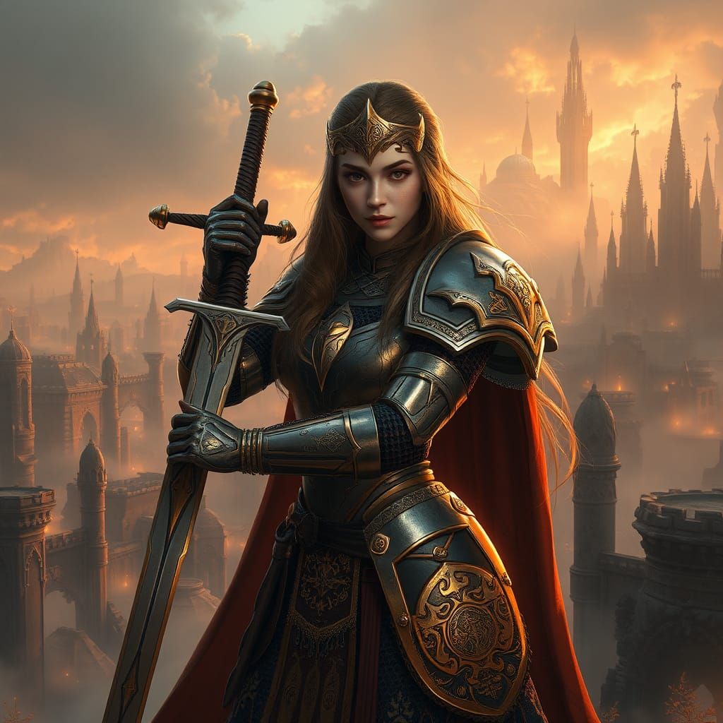 Resplendent Female Knight in Dreamlike Landscape