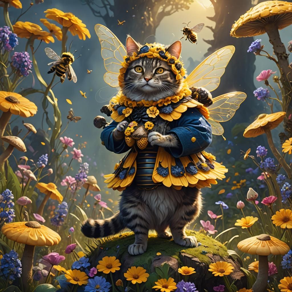 Cat in Bee Costume on Mushroom, Art Nouveau