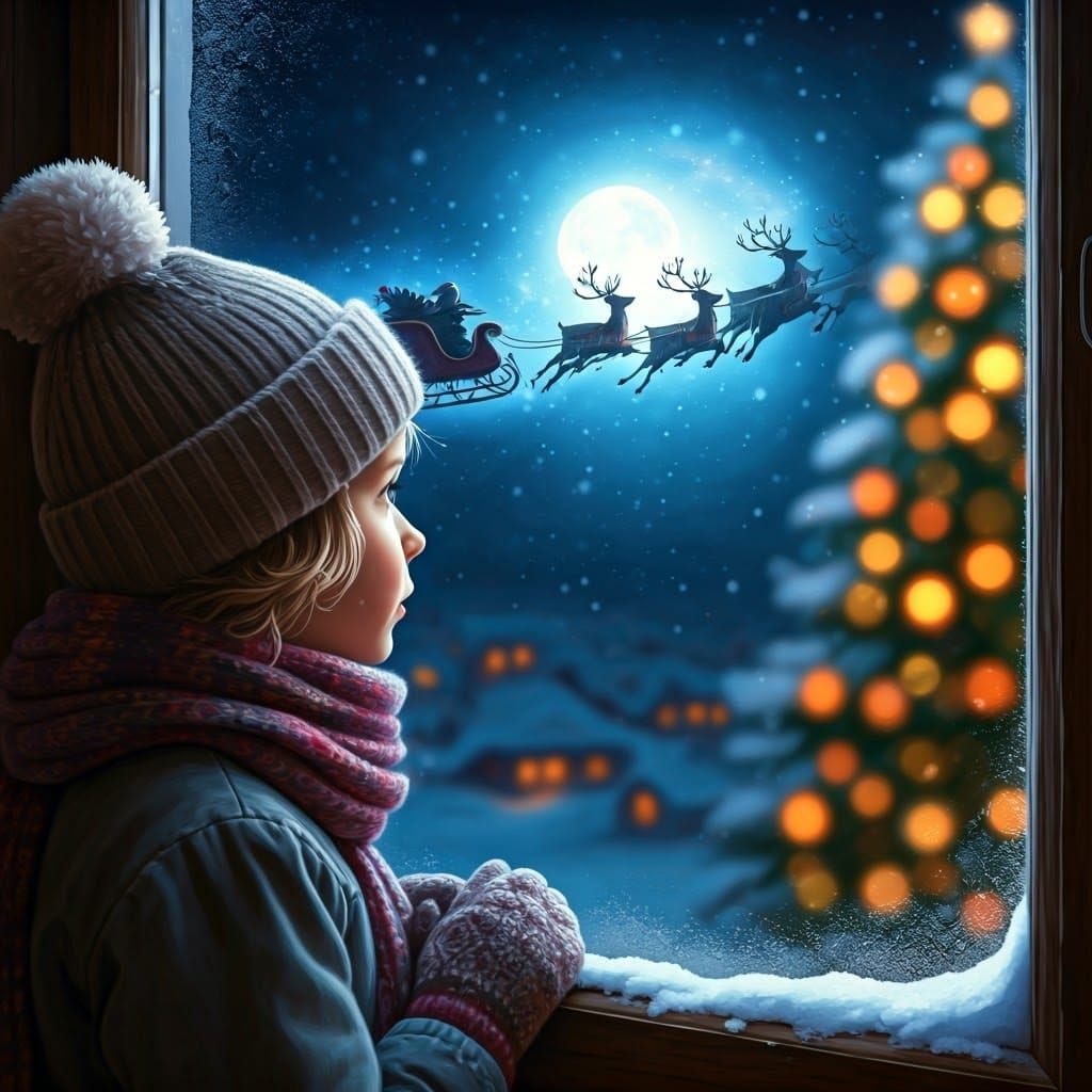 Whimsical Winter Wonderland Child gazes out at Santa's Sleig...