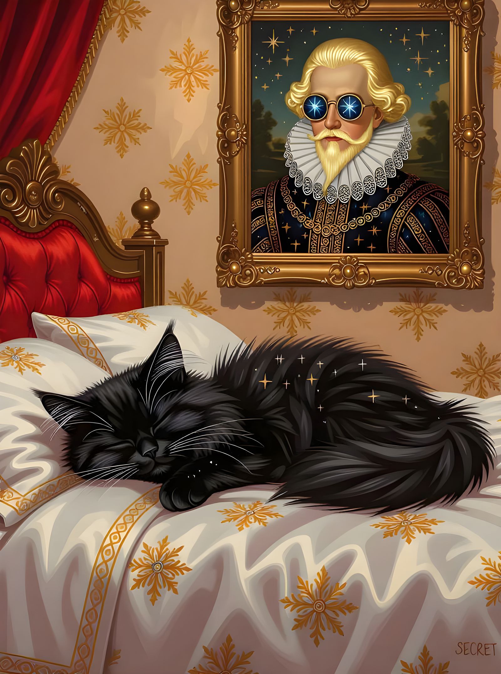Chibi Cat Sleeping on Renaissance Bed in Oil Painting Style