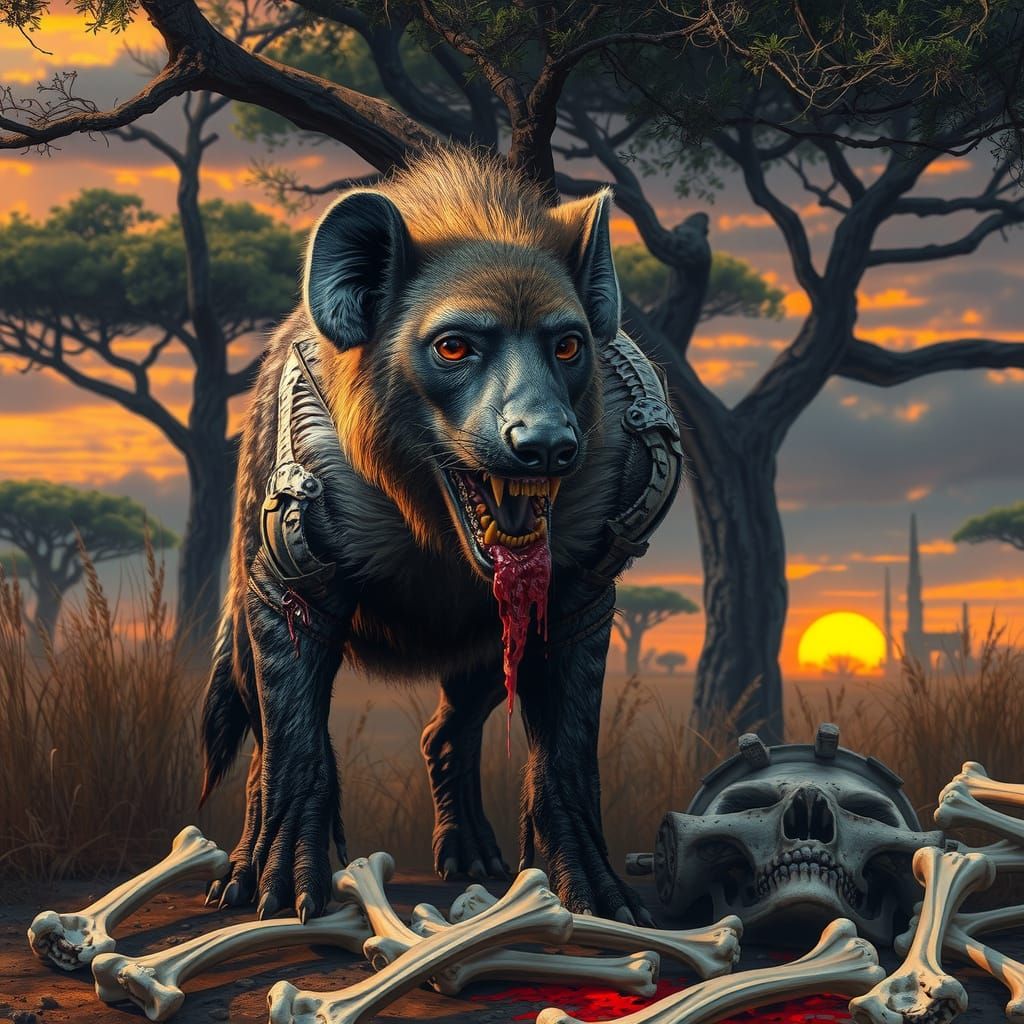 Menacing Hyena in Dark Fantasy Savannah