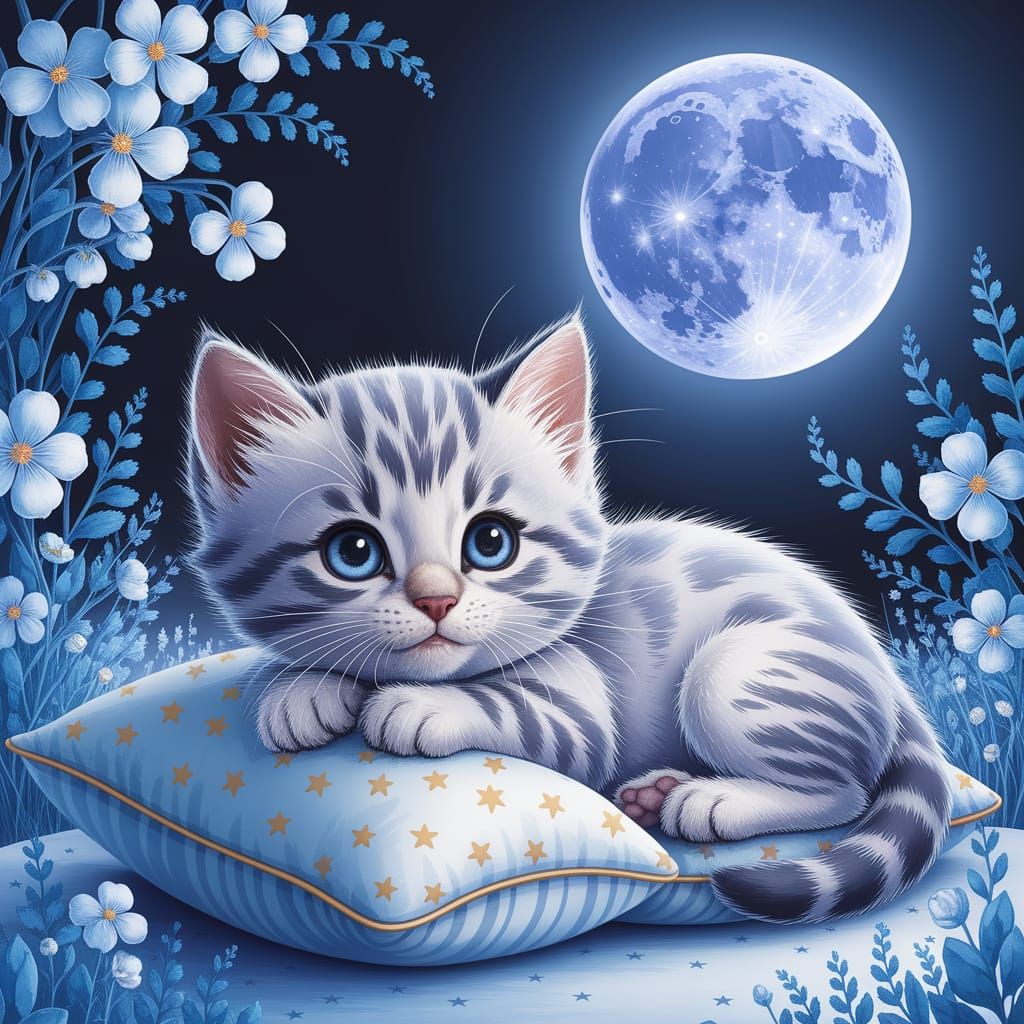 Kitten on Star Pillow in Disney Watercolor Style