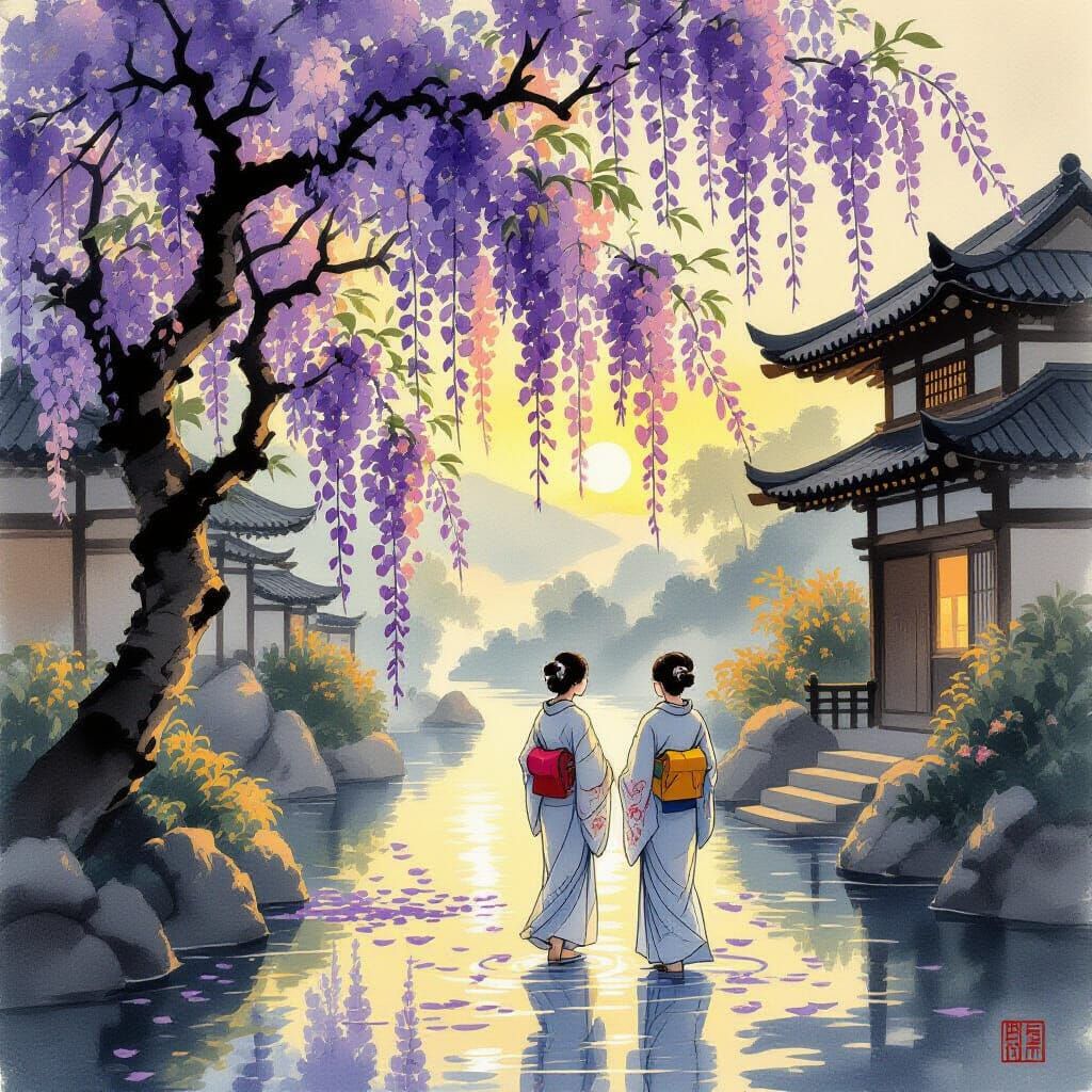 Minimalist Wisteria Blossoms in Golden Hour Light