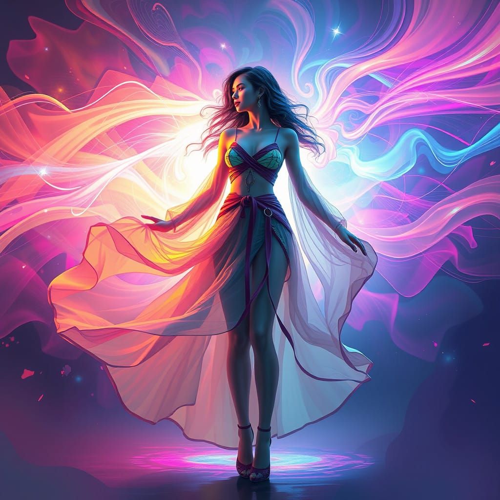 Dreamlike Woman in Vibrant Futuristic Landscape