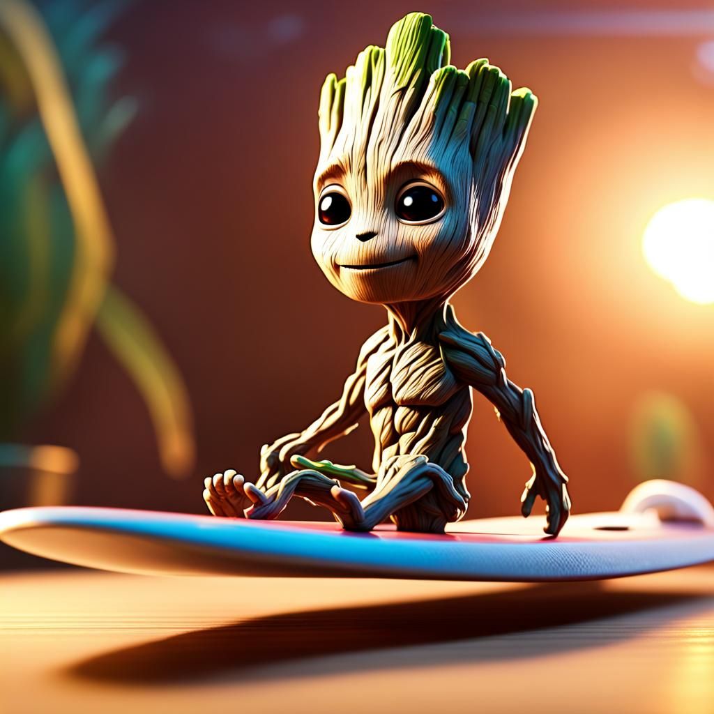 Baby Groot Surfing: Pixar-Style 3D Art