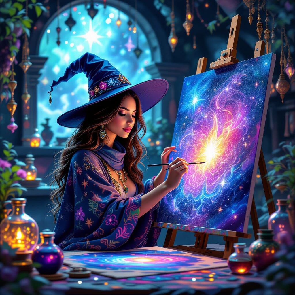 Witch Artist Painting Cosmic Scene in Mystical Studio