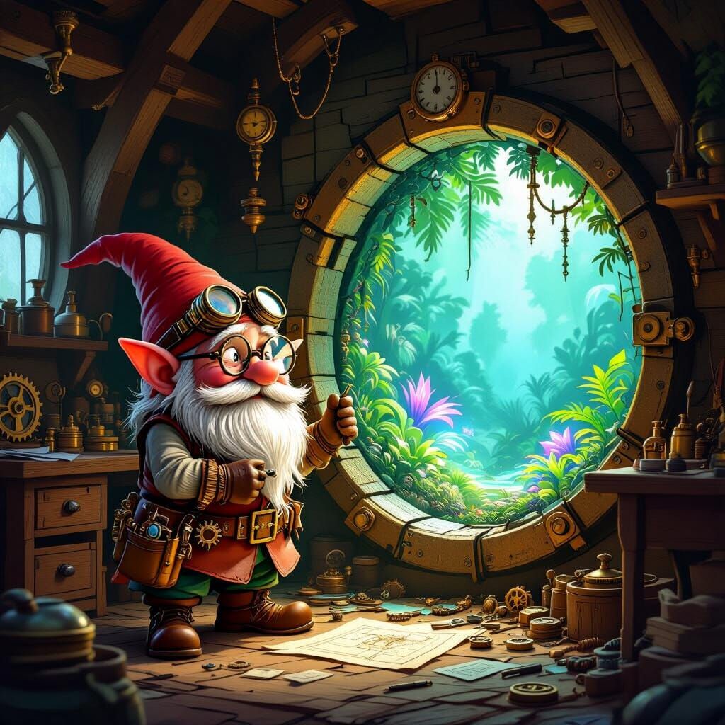 Steampunk Gnome Tinkerer Inspecting Alien Portal