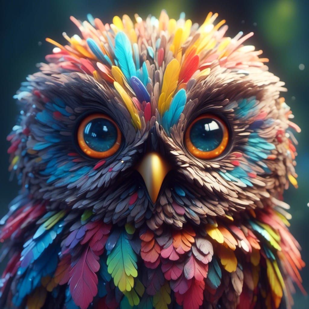 Colorful Bioluminescent Baby Owl in Impasto Style
