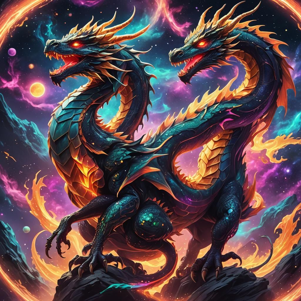 Energy Dragons Protecting Galactic Balance in Neon Colors