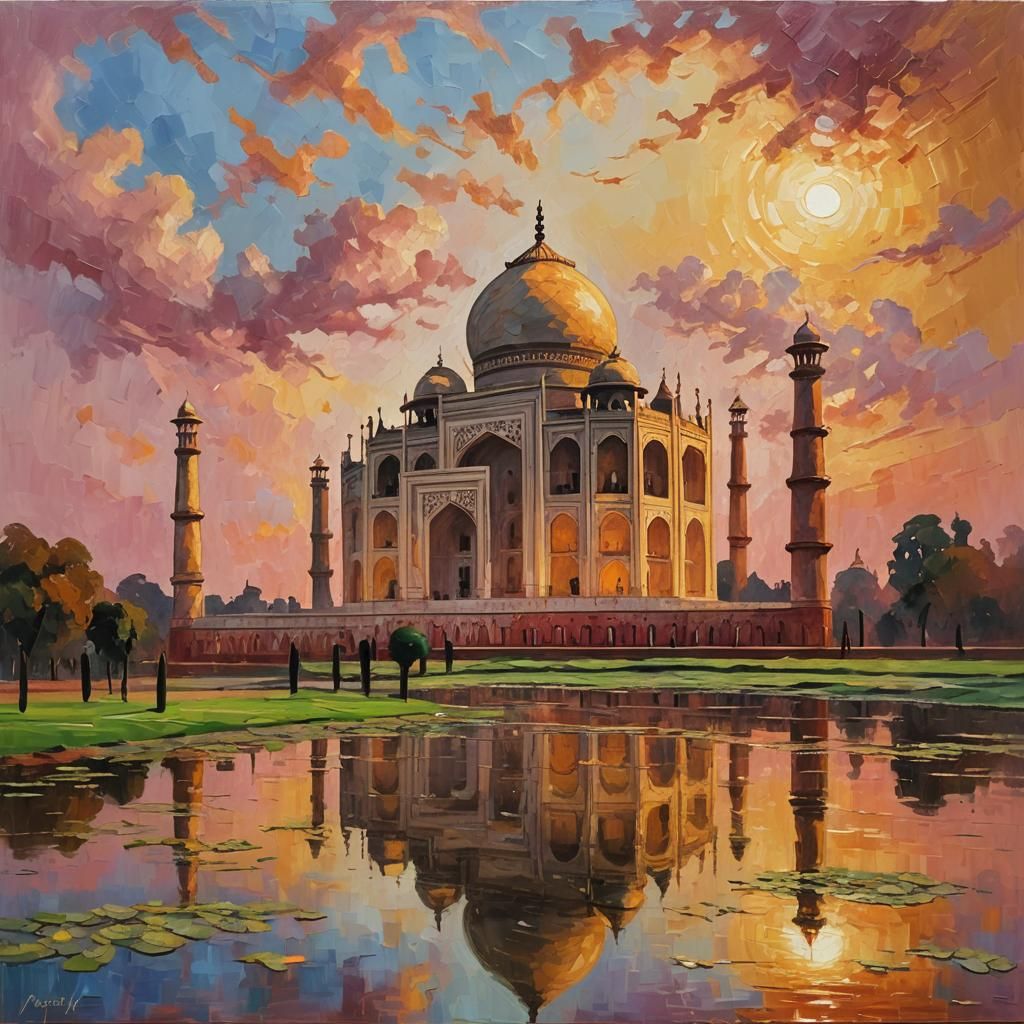 Taj Mahal Sunset: Neo-Impressionist Oil Painting