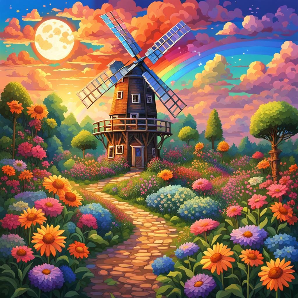 Rainbow Windmill in Pixilated Wildflower Garden