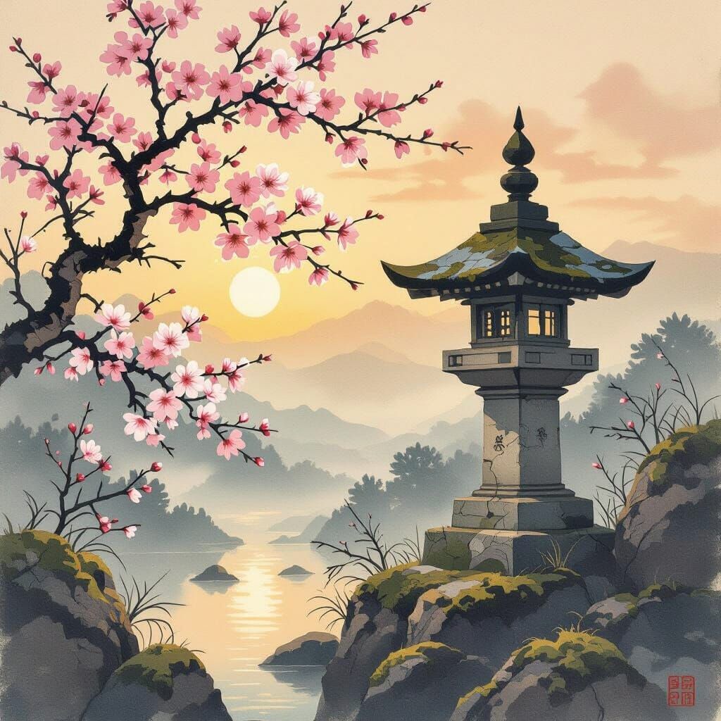 Serene Japanese Landscape at Dawn with Cherry Blossoms