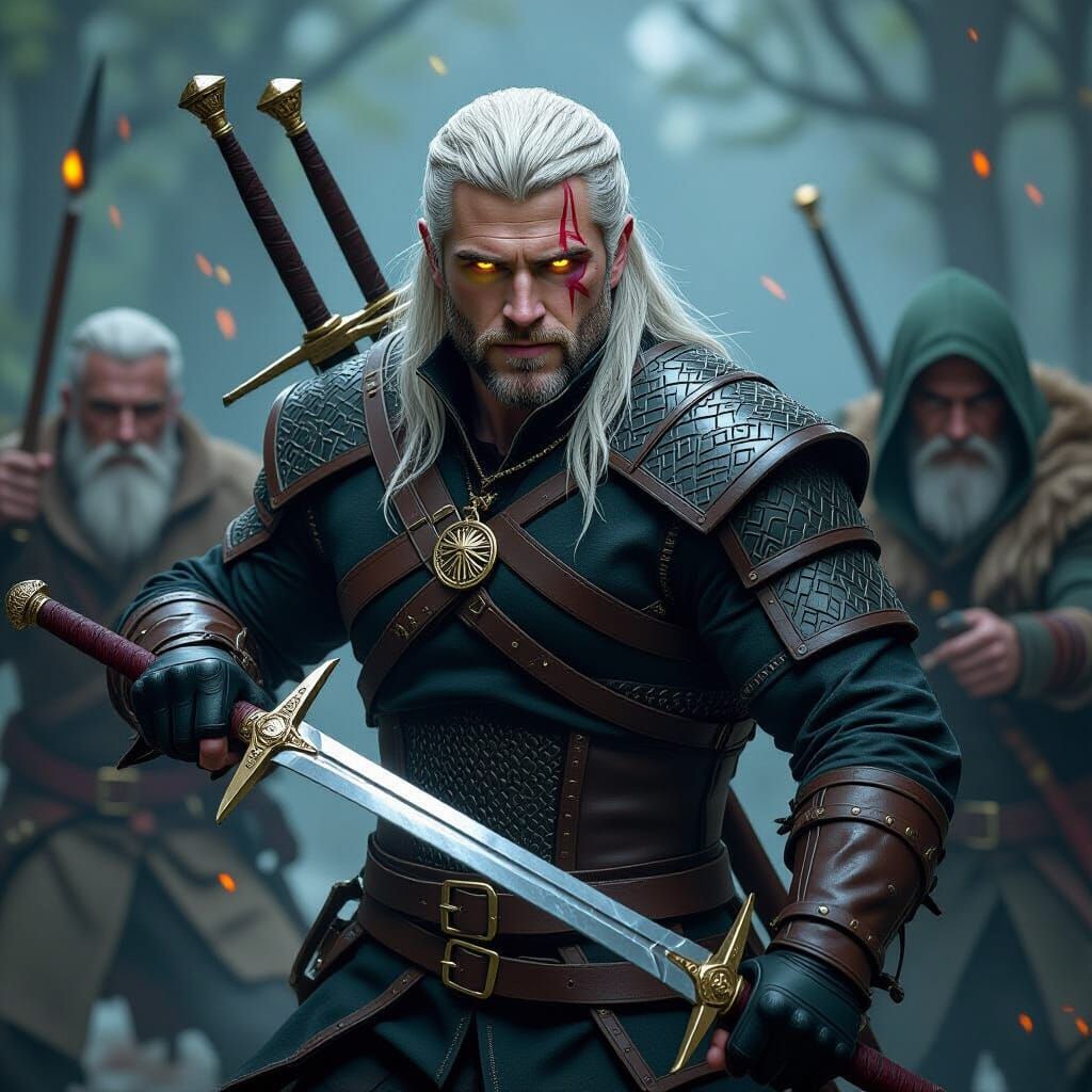 Geralt Battles Monsters: A Dark Fantasy Rendering