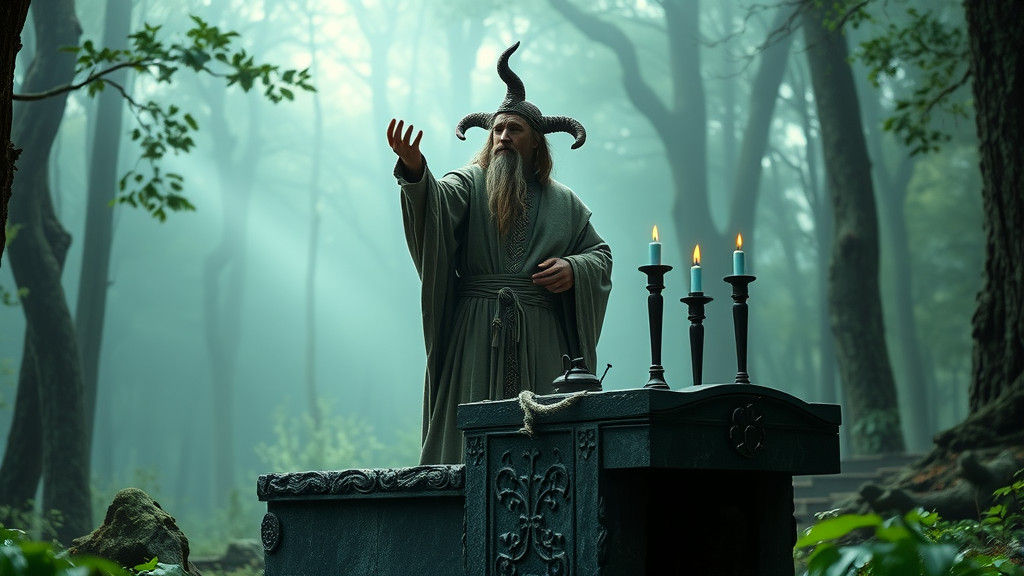 Celtic Druid Casting Spell in Foggy Forest