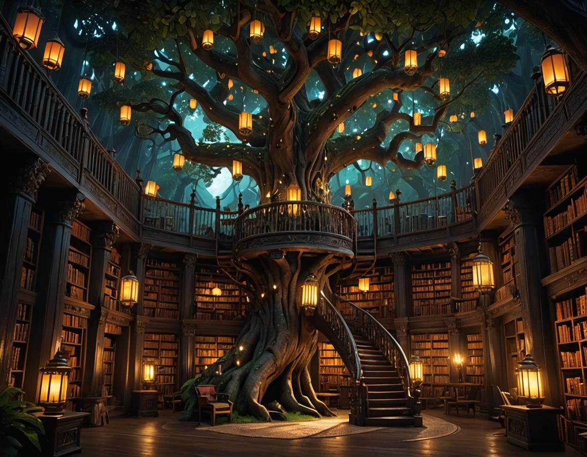 Ancient Tree Library with Floating Bookshelves, Fantasy Art