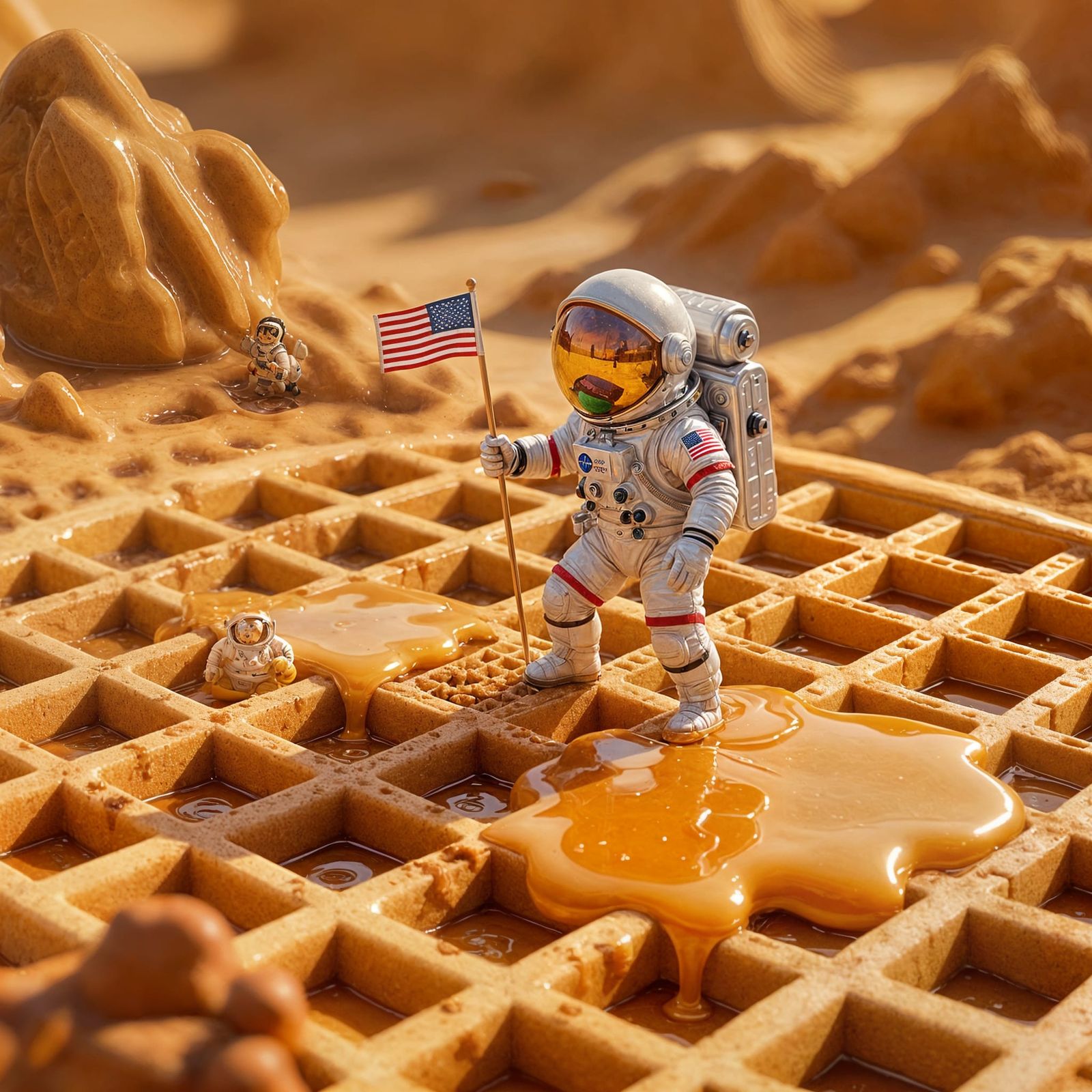 Tiny Astronaut Explores Giant Waffle Crater in Syrup