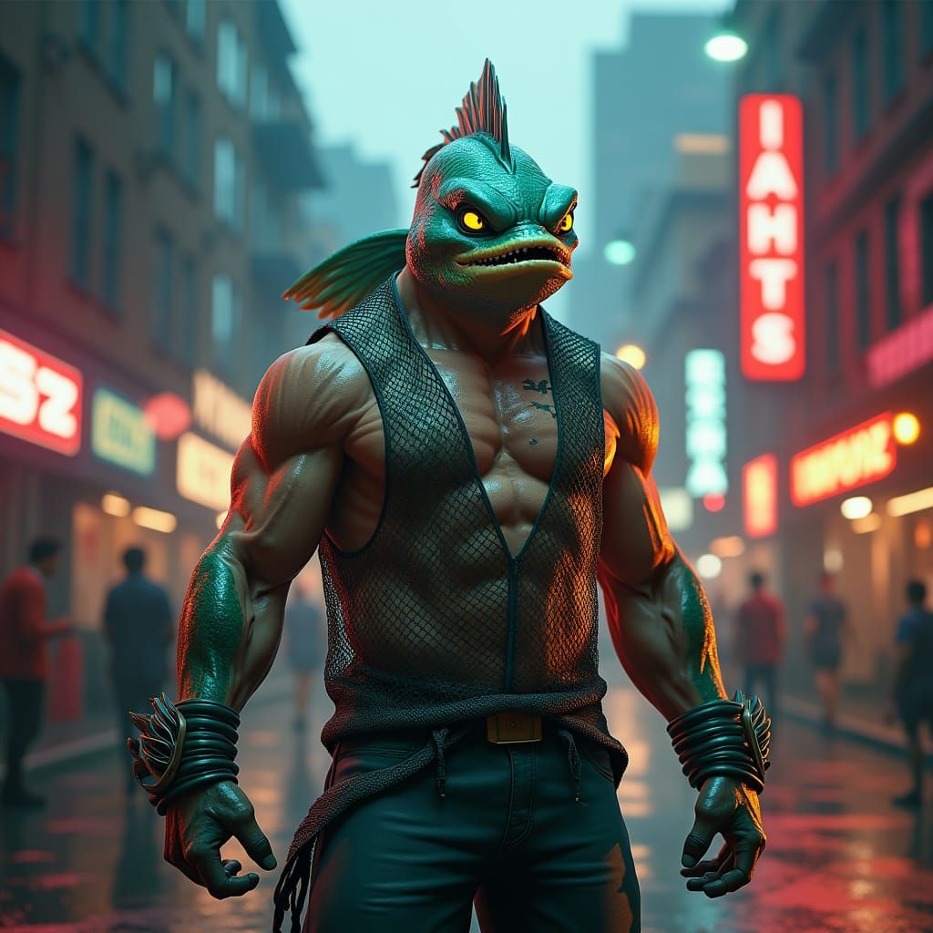 Hybrid Fish-Man Street Fighter in Urban Arena