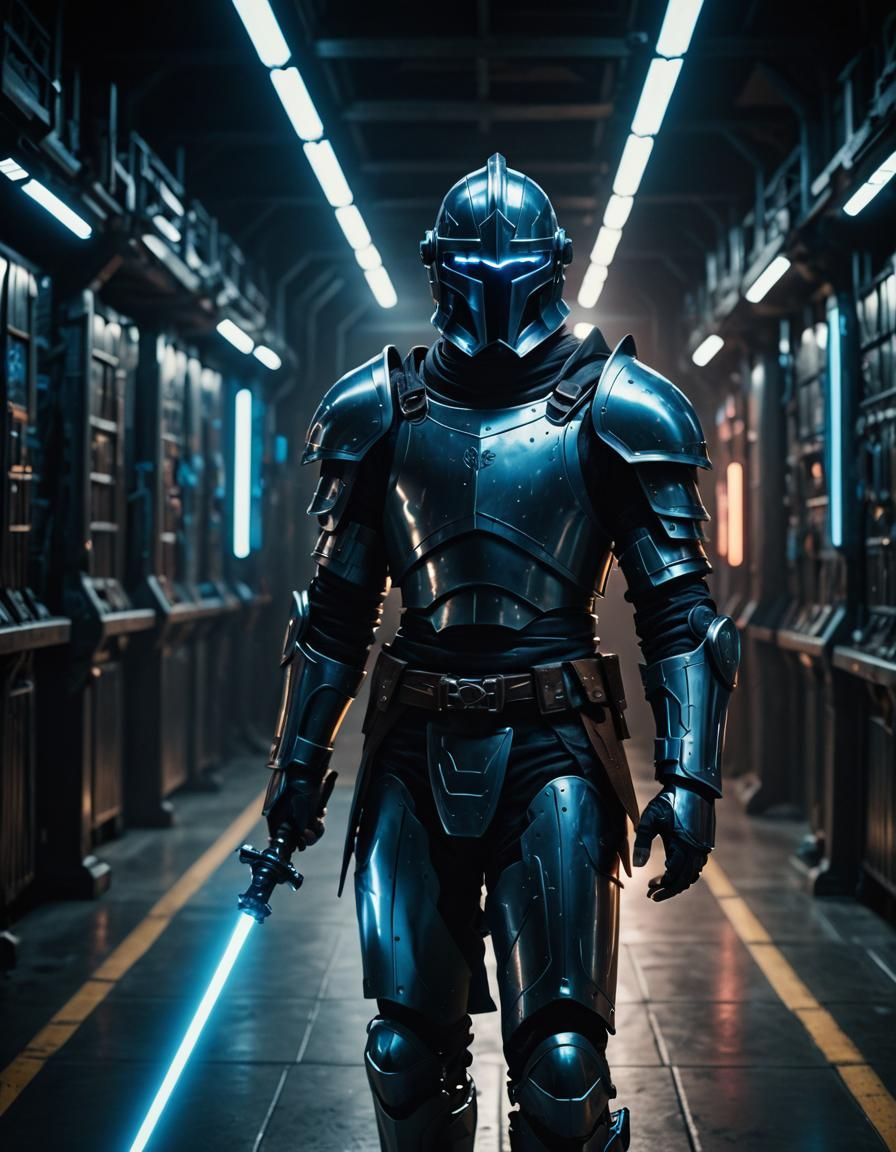 Futuristic Knight with Laser Sword in Cyberpunk Style