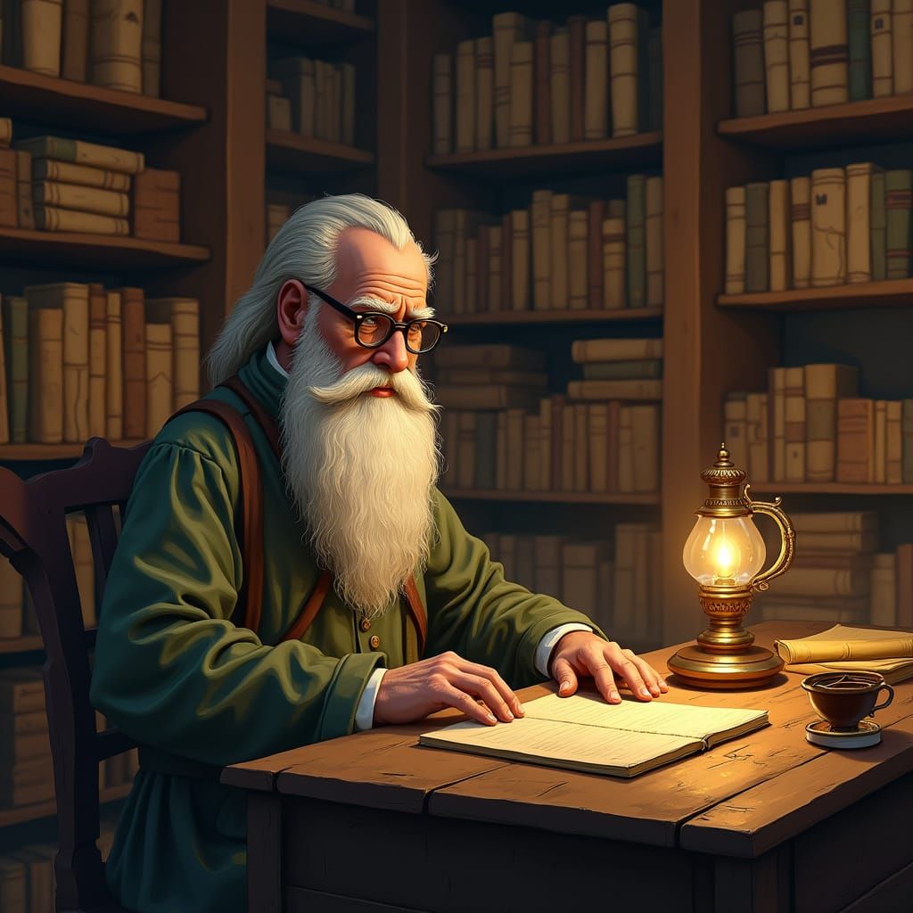 Scholar Studying by Lamplight in Ancient Library