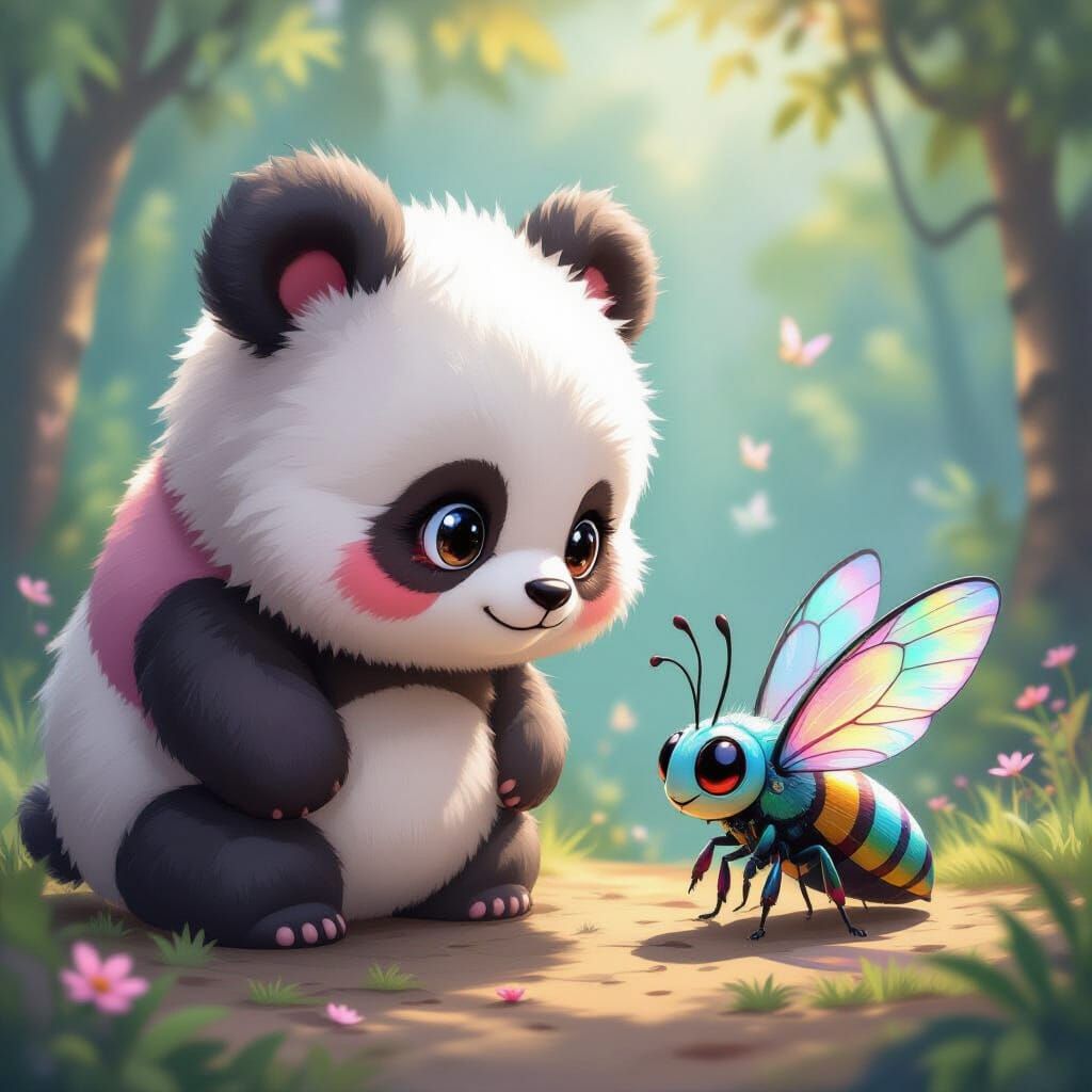 Giant Fluffy Creature vs Tiny Insect Creature in Whimsical W...