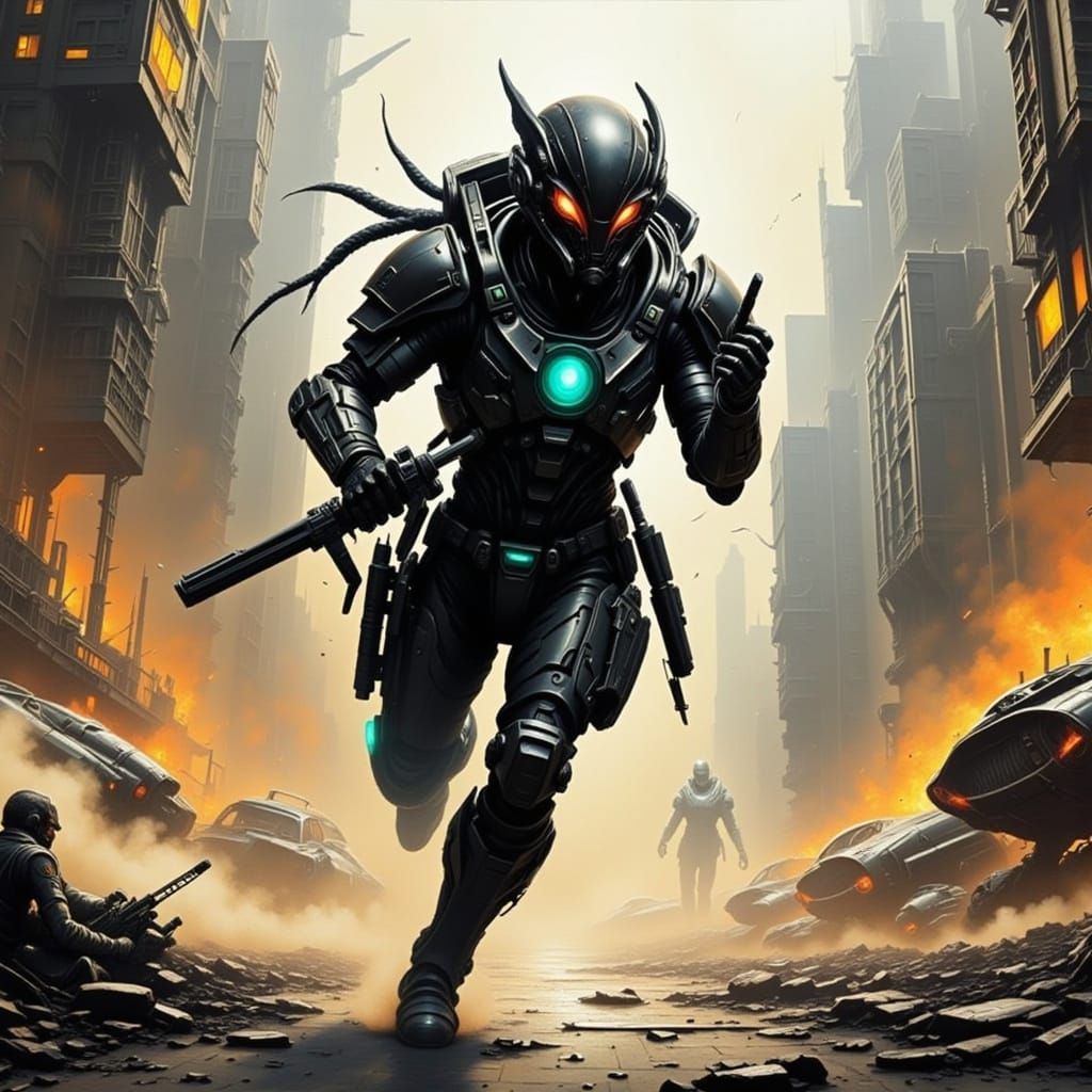 Cyberpunk Mercenary Battles Through War-Torn Cityscape