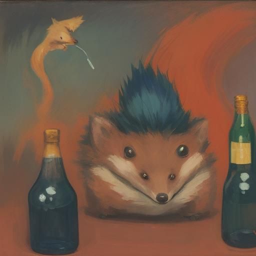 Hedgehog Attacks Fox in Expressionist Style