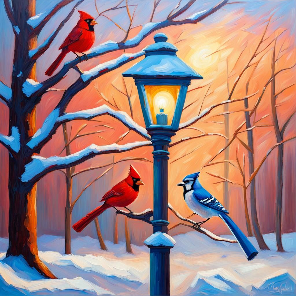 Cardinal and Blue Jay in Neo-Impressionist Winter Scene
